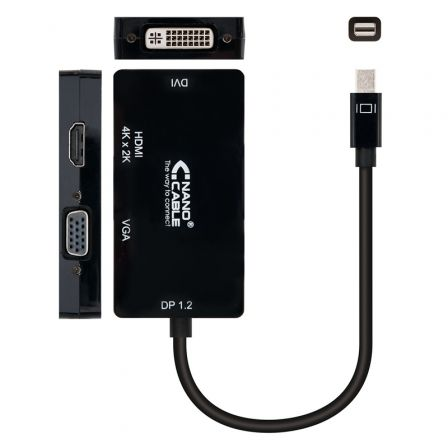Nanocable Conversor 3 en 1 Mini DisplayPort a VGA/HDMI/DVI, Negro, 15 cm